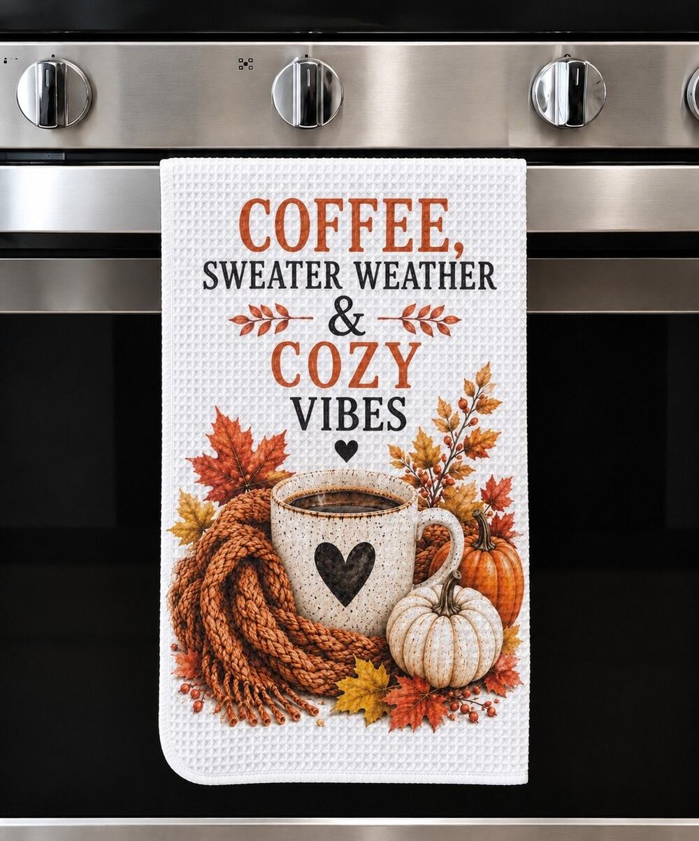 Coffee Sweater Weather & Cozy Vibes Kitchen Towel Fall Farmhouse Decor